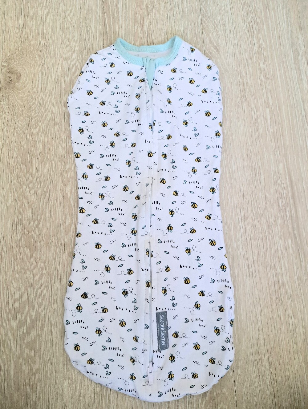 SwaddleMe White Bee Print Sleep Sack with Pale Blue Trim